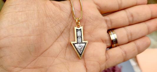 Arrow direction Triangle and baguette Cut Moissanite blackened gold Georgian Pendant without chain, Circa Vintage Arrow Talisman Pendant.