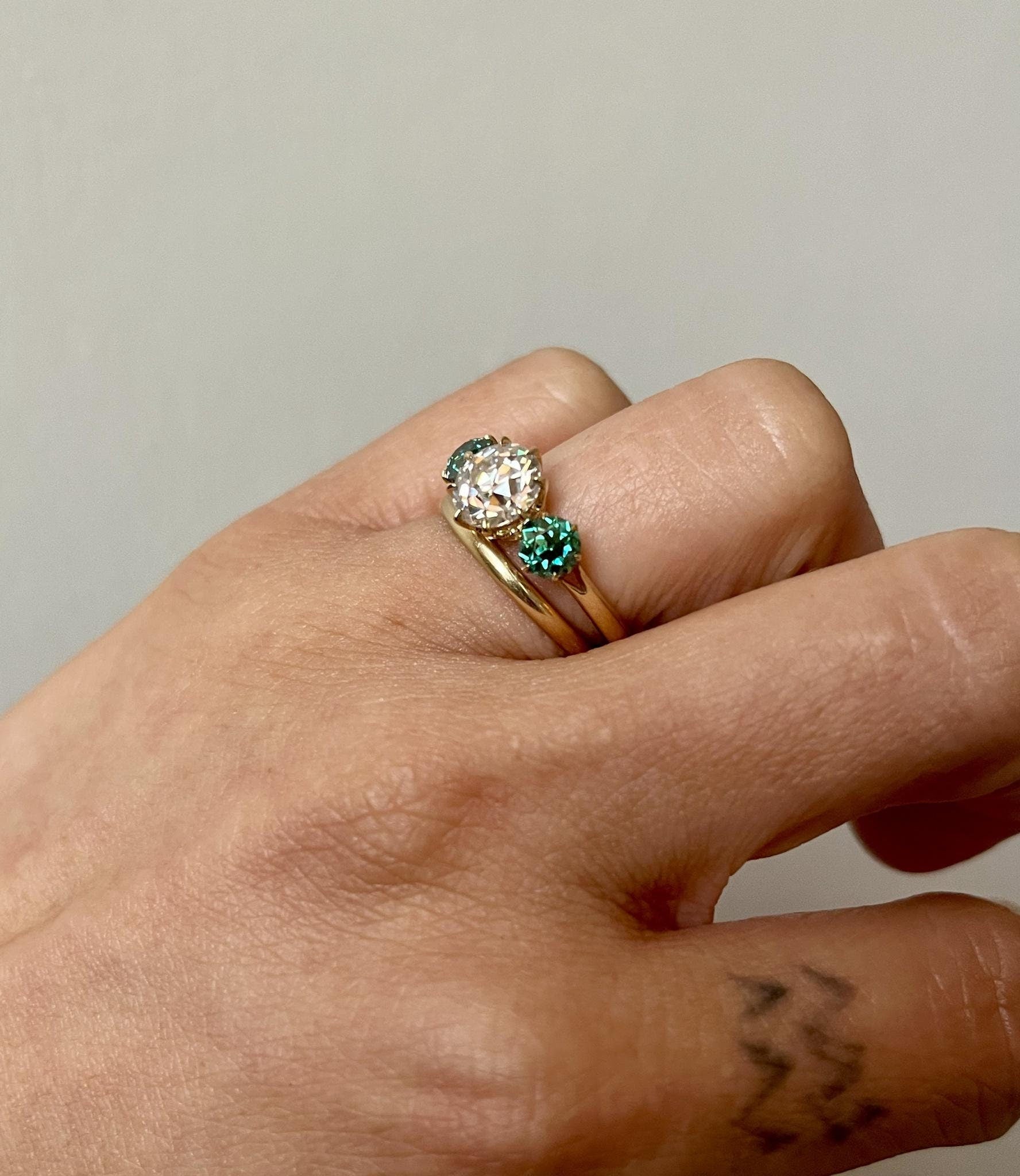 Old European Cut Round Moissanite with side Old European Cut Green Moissanite 3 stone Engagement Ring, Ring for her, ring for women