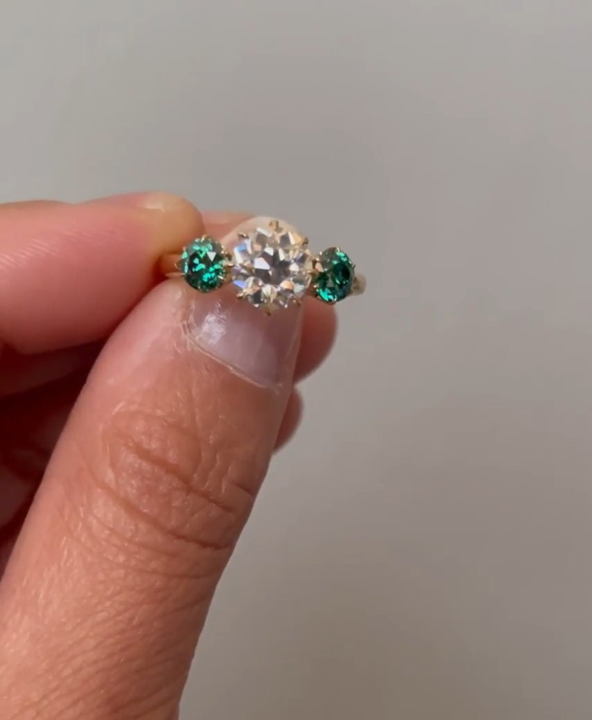 Old European Cut Round Moissanite with side Old European Cut Green Moissanite 3 stone Engagement Ring, Ring for her, ring for women