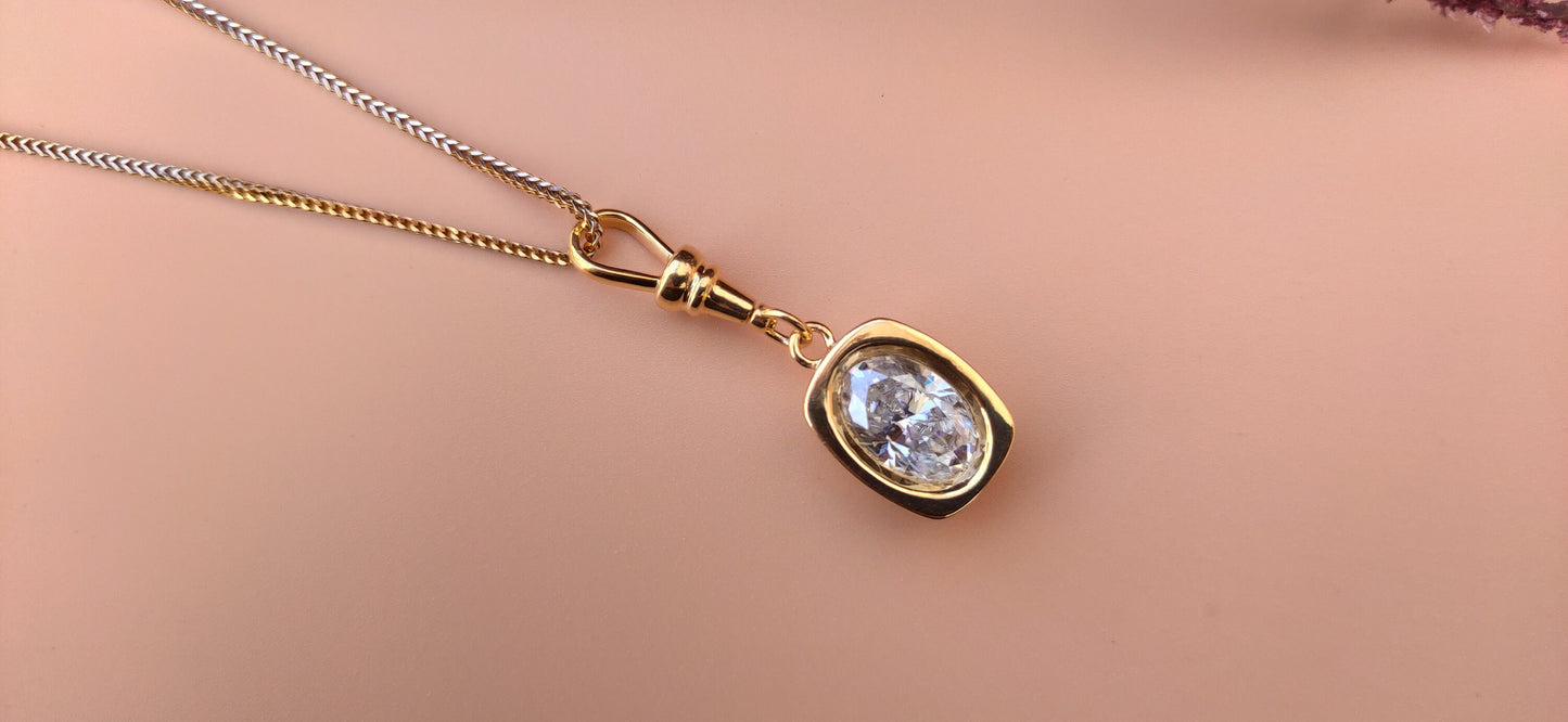 Oval Cut Moissanite Bezel Button back set Pendant with Swivel Clasp and without chain, statement pendant.