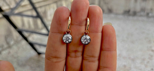 Round Moissanite button back Georgian cut down Gypset huggie, removable hoops, statement earring, blackened gold earrings.