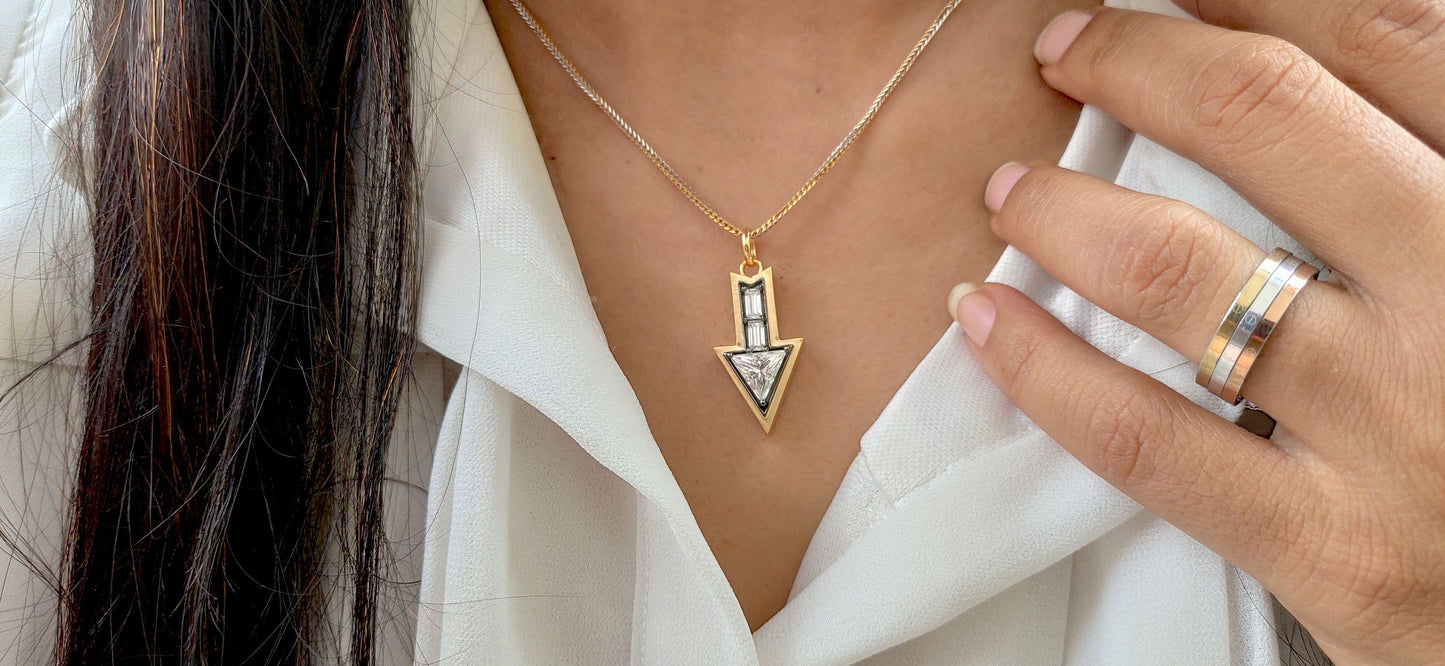 Arrow direction Triangle and baguette Cut Moissanite blackened gold Georgian Pendant without chain, Circa Vintage Arrow Talisman Pendant.