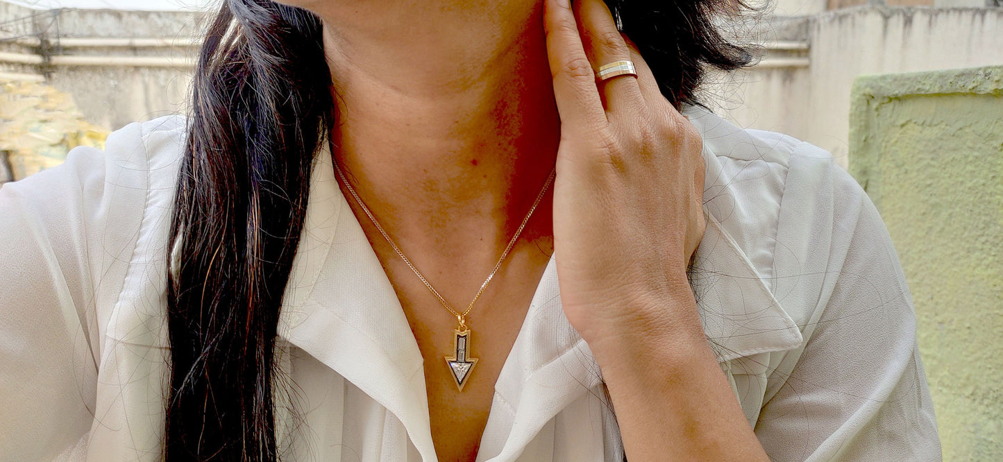 Arrow direction Triangle and baguette Cut Moissanite blackened gold Georgian Pendant without chain, Circa Vintage Arrow Talisman Pendant.
