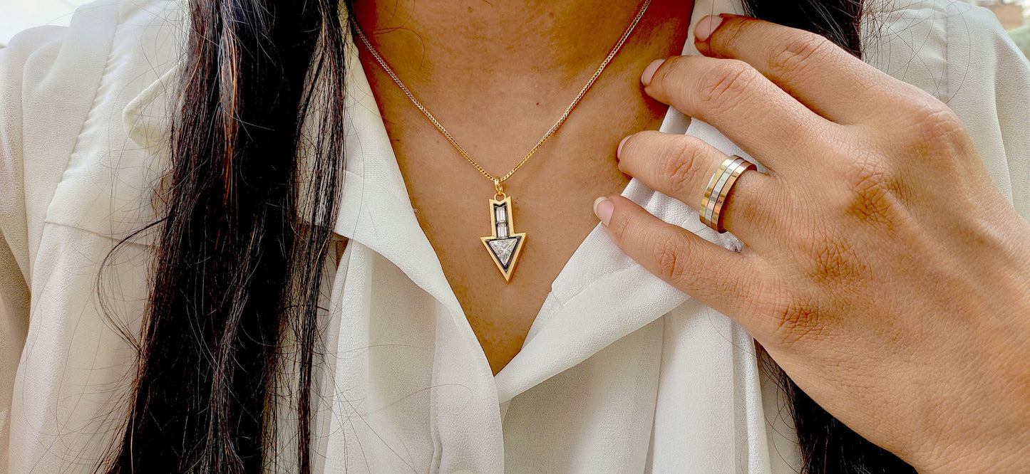 Arrow direction Triangle and baguette Cut Moissanite blackened gold Georgian Pendant without chain, Circa Vintage Arrow Talisman Pendant.