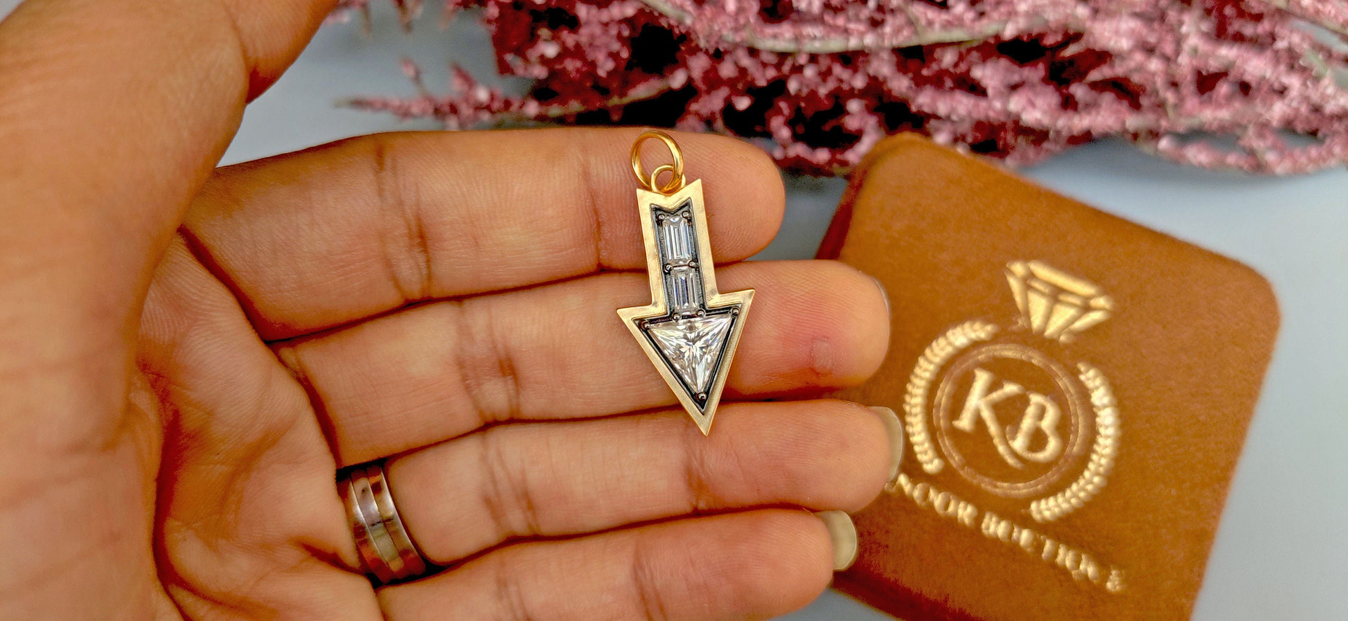 Arrow direction Triangle and baguette Cut Moissanite blackened gold Georgian Pendant without chain, Circa Vintage Arrow Talisman Pendant.
