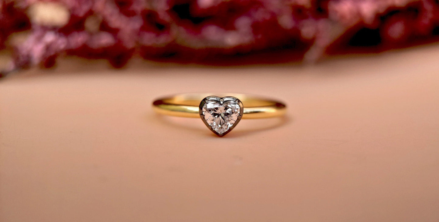 GIA certified Heart Cut Natural diamond Georgian cut down button back solitaire engagement ring, ring for her, women, blackened gold ring.