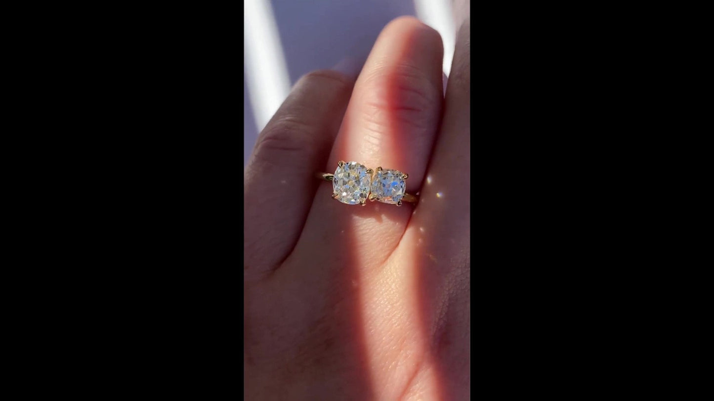 OMC Old mine cushion cut Toi Et Moi Moissanite Two stone Engagement Ring, Old Mine cut right-hand ring, gift for her, Gift for wife
