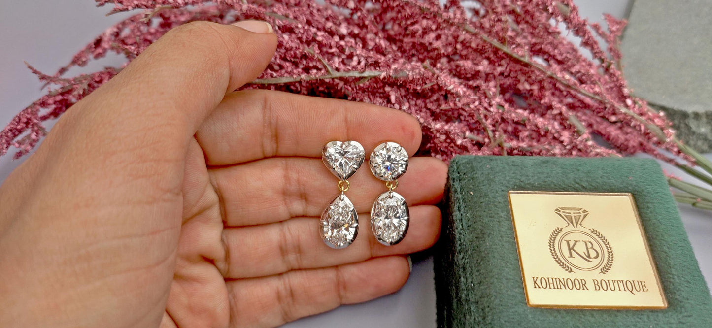 Georgian cut down multi shape lab grown diamond earrings, statement earring, 2 toned earrings, dangled earrings for women