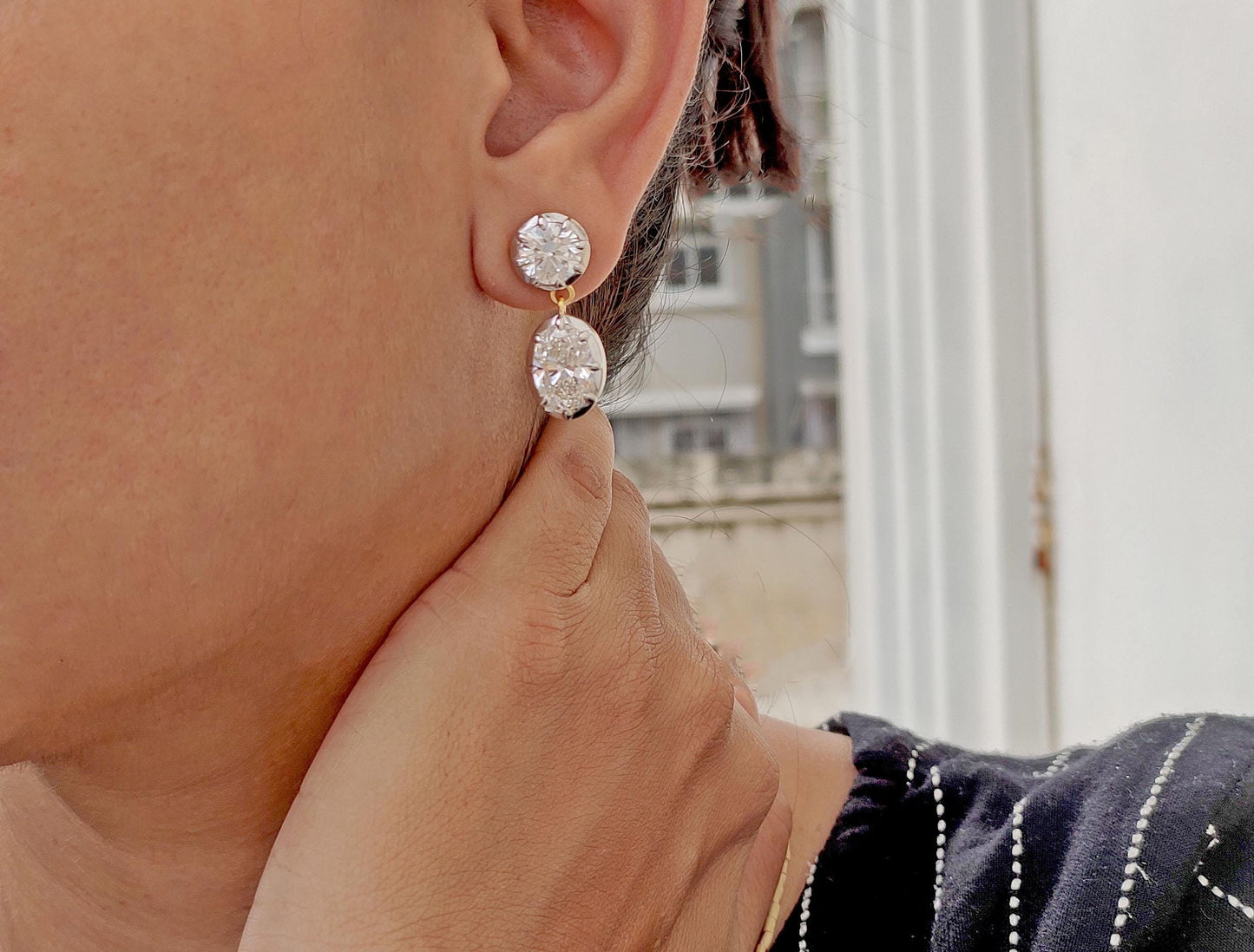 Georgian cut down multi shape lab grown diamond earrings, statement earring, 2 toned earrings, dangled earrings for women