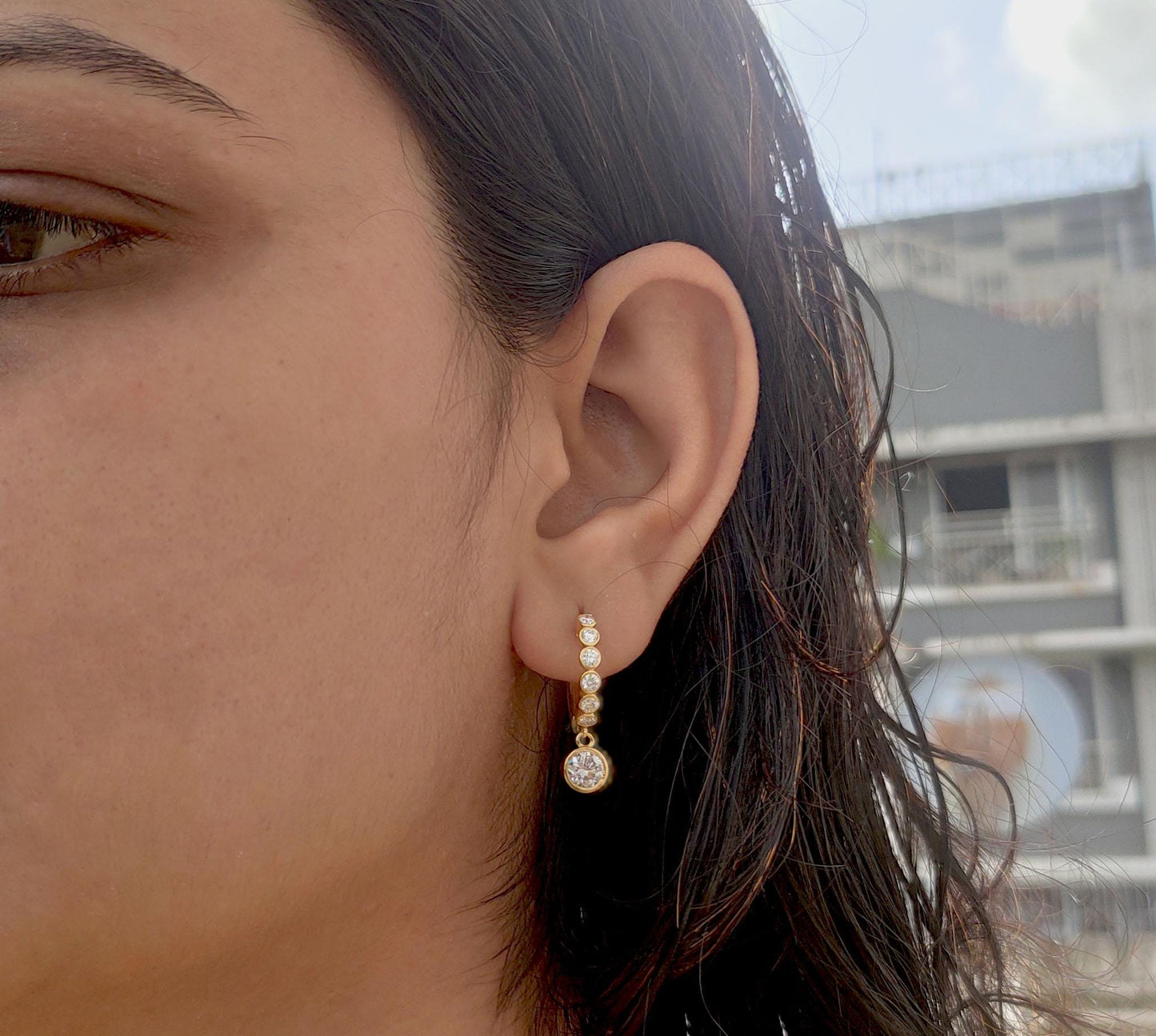 Moissanite bezel drop huggie hoops earrings for women, everyday earrings, Push back\Earrings, wedding huggie, gift for women