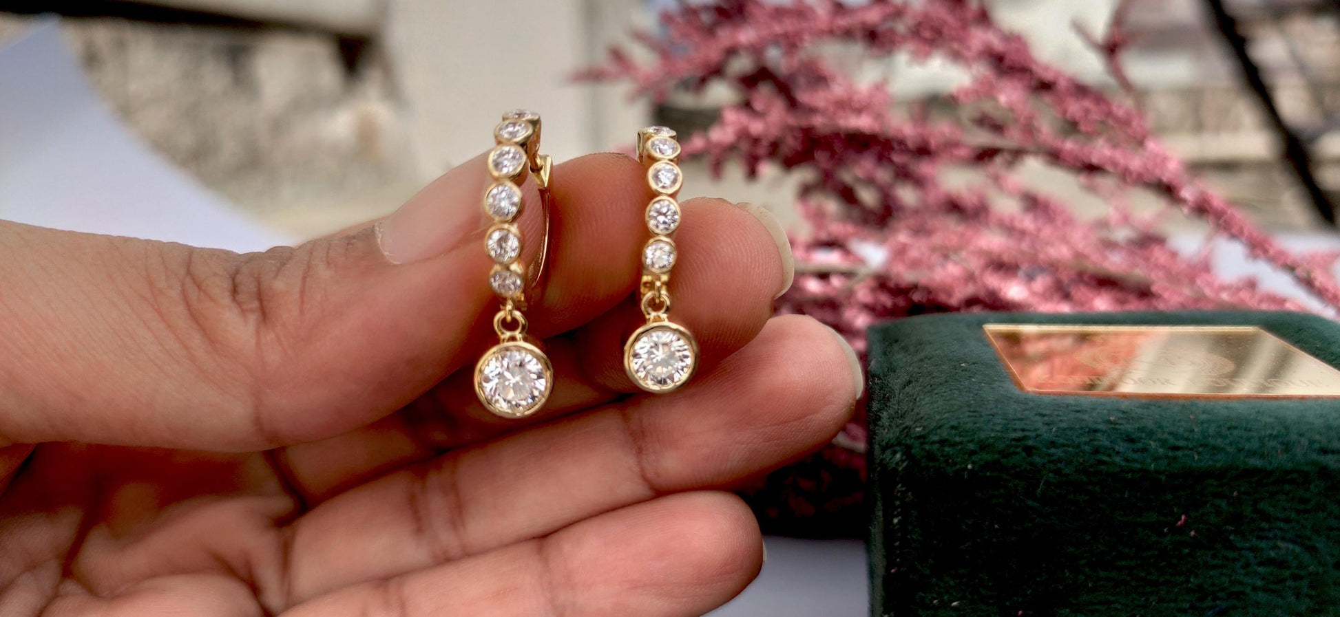 Moissanite bezel drop huggie hoops earrings for women, everyday earrings, Push back\Earrings, wedding huggie, gift for women