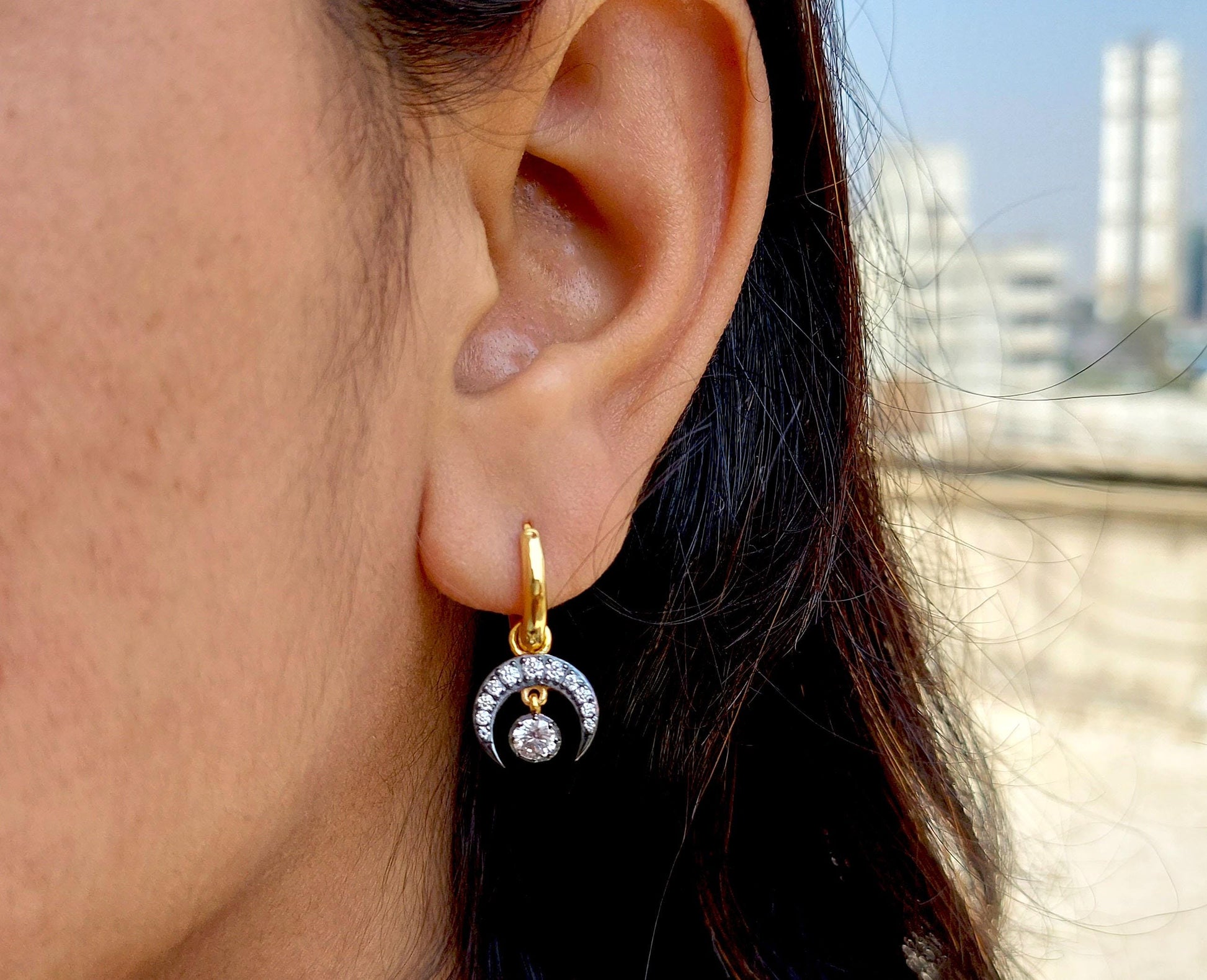 Half moon Moissanite button back Georgian cut down Huggie,2 in 1 statement earring, blackened gold earrings.
