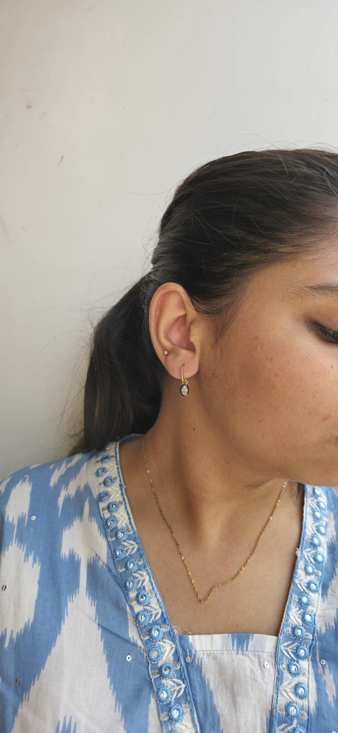 Oval Moissanite button back Georgian cut down Gypset huggie, removable hoops, statement earring, blackened gold earrings.