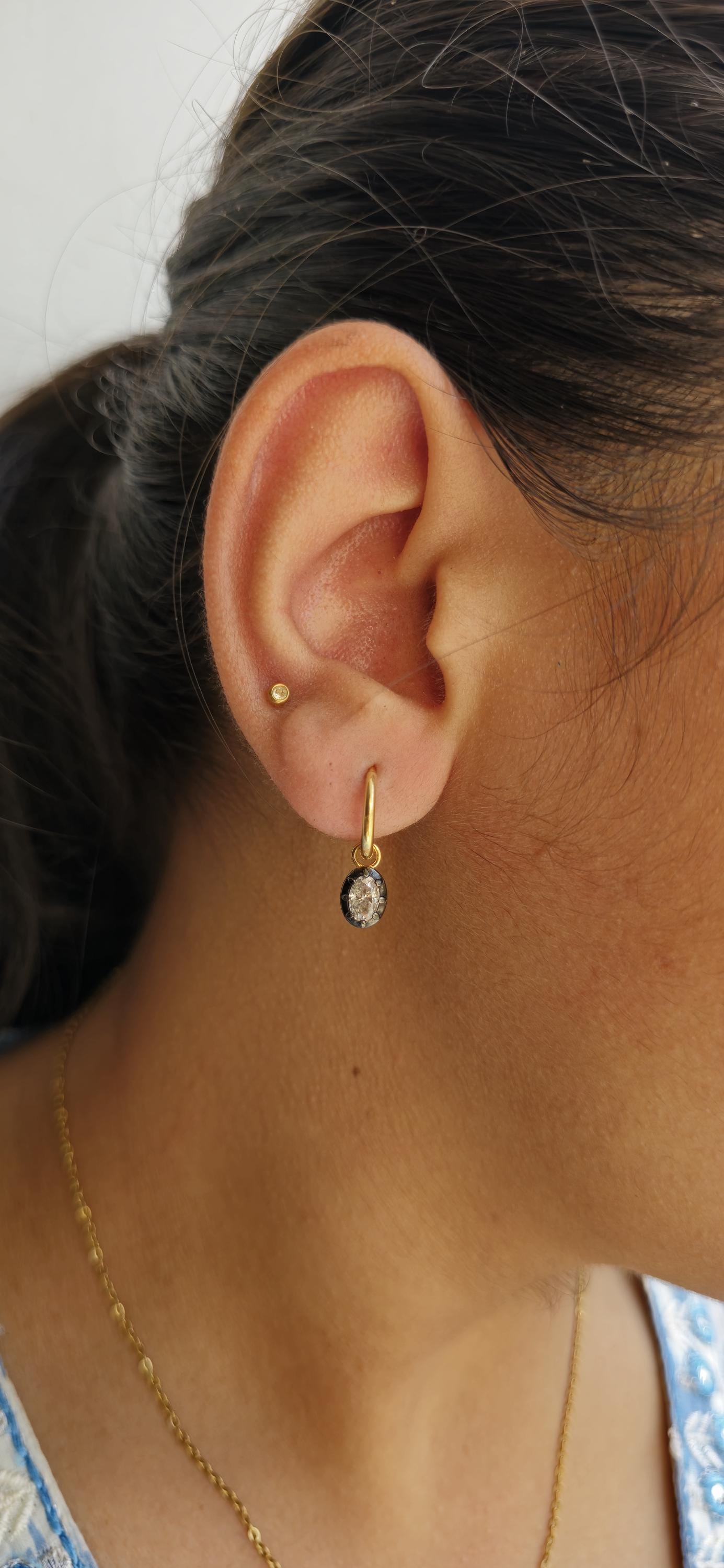 Oval Moissanite button back Georgian cut down Gypset huggie, removable hoops, statement earring, blackened gold earrings.