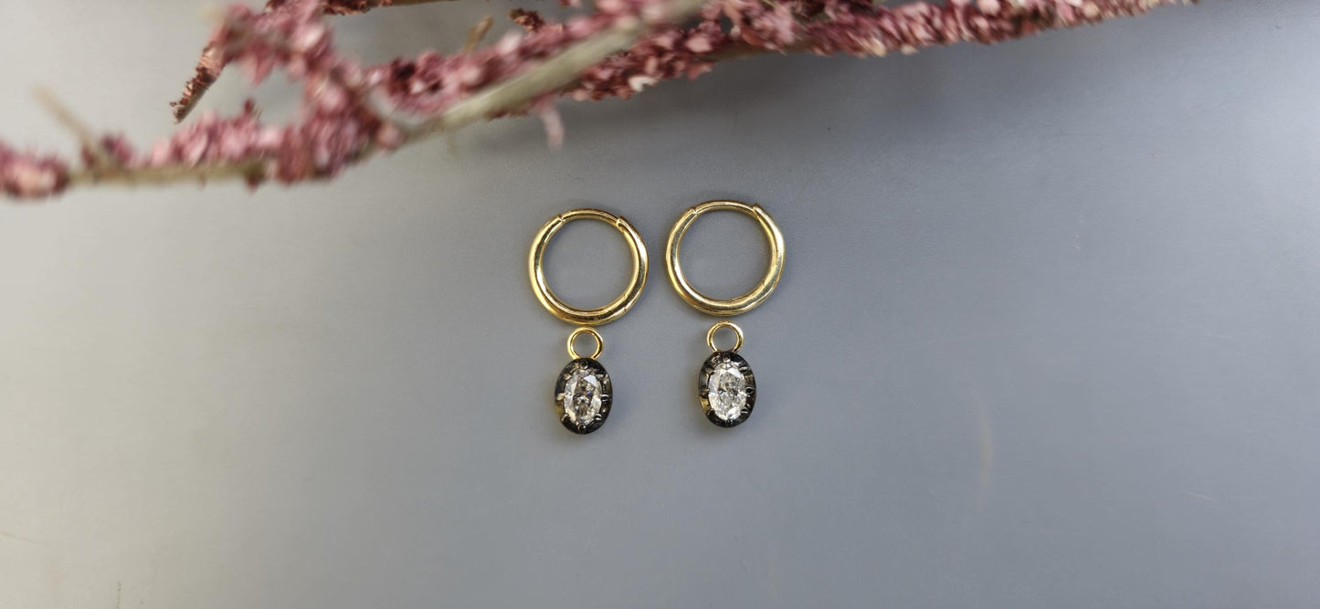 Oval Moissanite button back Georgian cut down Gypset huggie, removable hoops, statement earring, blackened gold earrings.