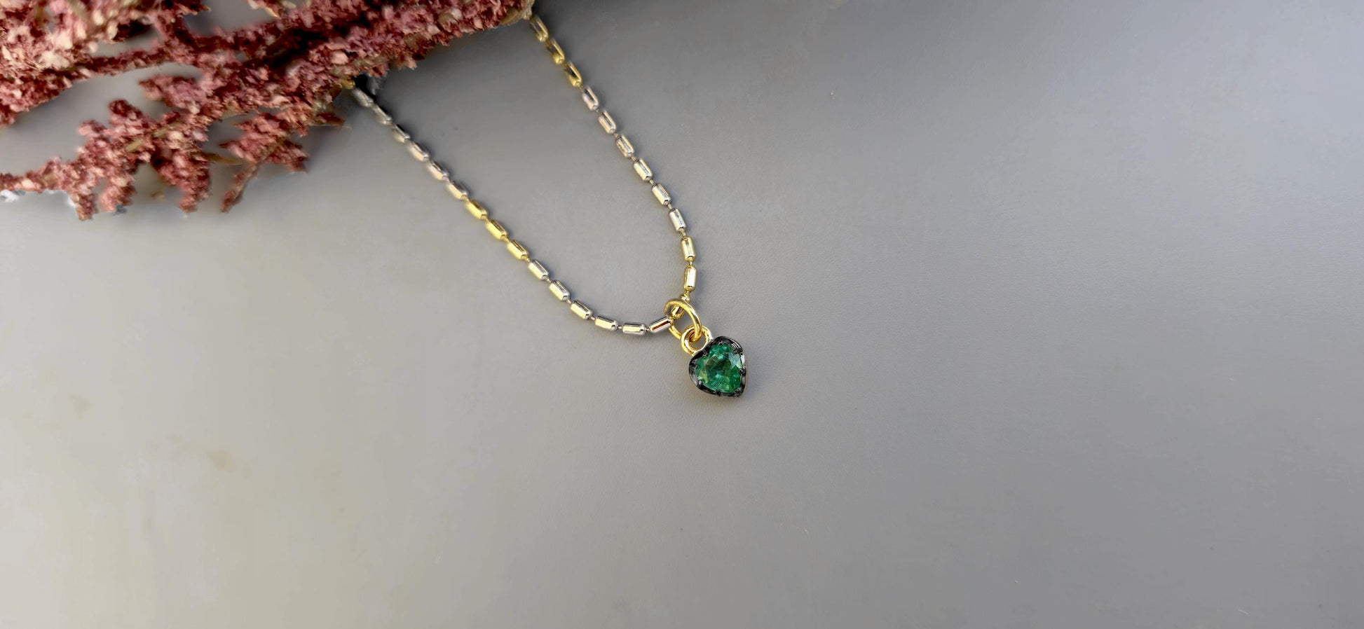 Heart Shaped Emerald button back Georgian cut down Pendant, Emerald pendant, statement pendant, blackened gold pendant.