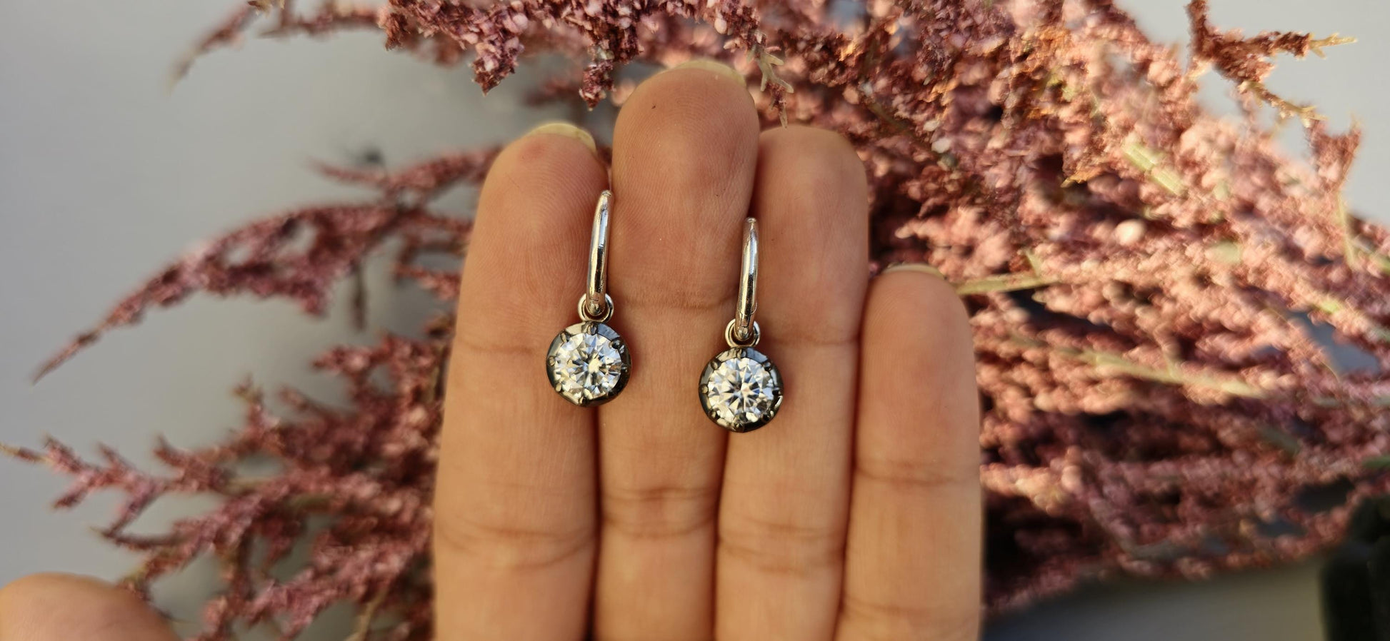 Round Moissanite button back Georgian cut down Gypset huggie, removable hoops, statement earring, blackened gold earrings.