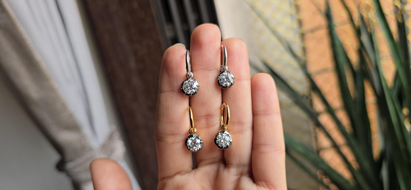 Round Moissanite button back Georgian cut down Gypset huggie, removable hoops, statement earring, blackened gold earrings.