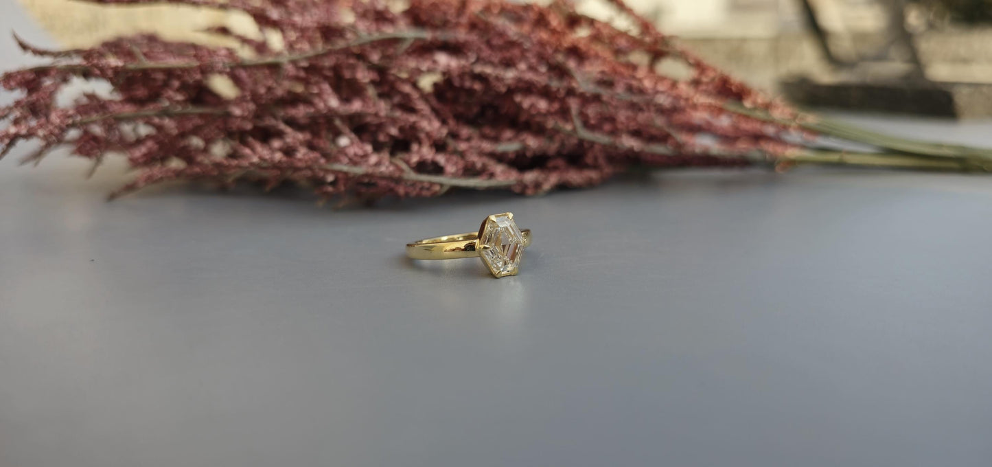 One of a kind Elongated Hexagon shaped Bezel set with Moissanite Solitaire Engagement ring, ring for women, proposal ring
