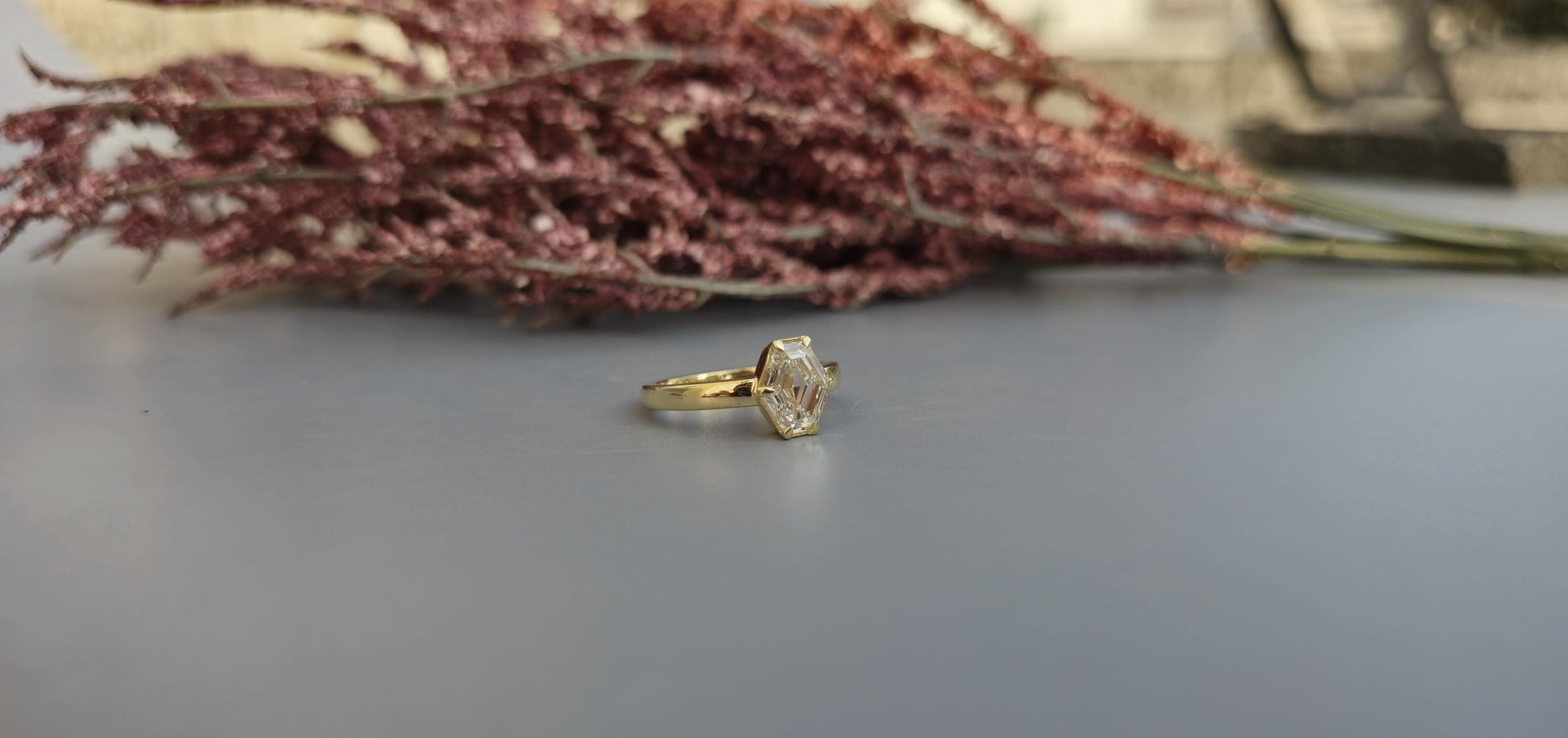 One of a kind Elongated Hexagon shaped Bezel set with Moissanite Solitaire Engagement ring, ring for women, proposal ring