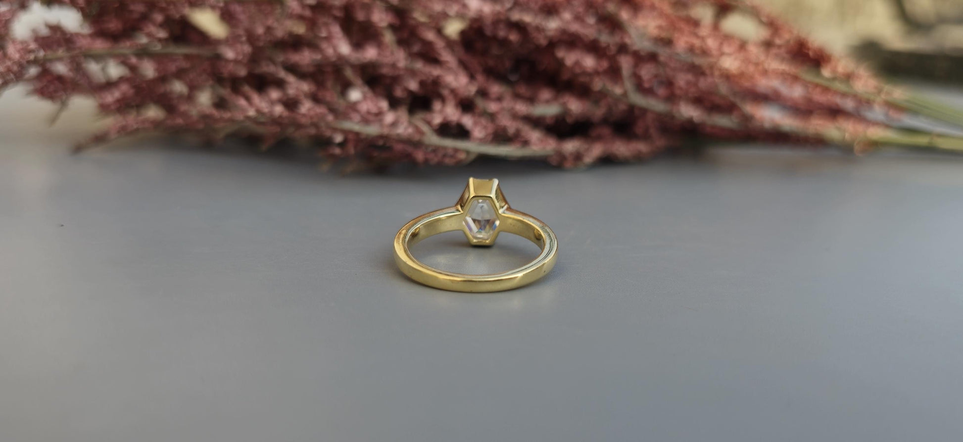 One of a kind Elongated Hexagon shaped Bezel set with Moissanite Solitaire Engagement ring, ring for women, proposal ring