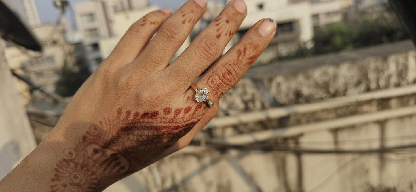 One of a kind Elongated Hexagon shaped Bezel set with Moissanite Solitaire Engagement ring, ring for women, proposal ring