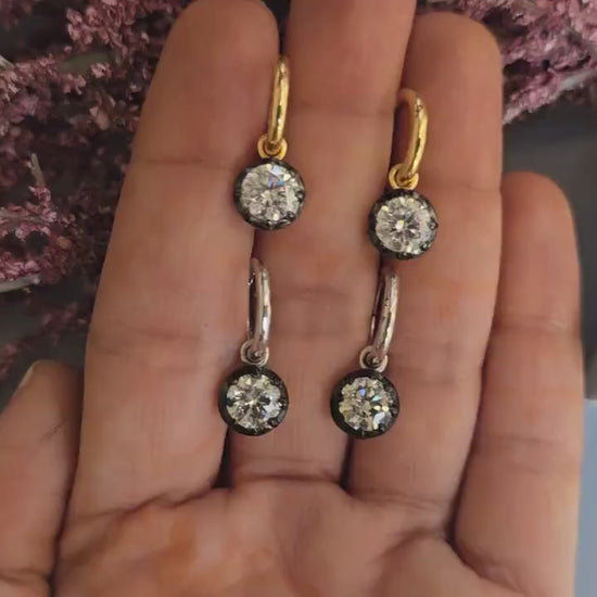 Round Moissanite button back Georgian cut down Gypset huggie, removable hoops, statement earring, blackened gold earrings.