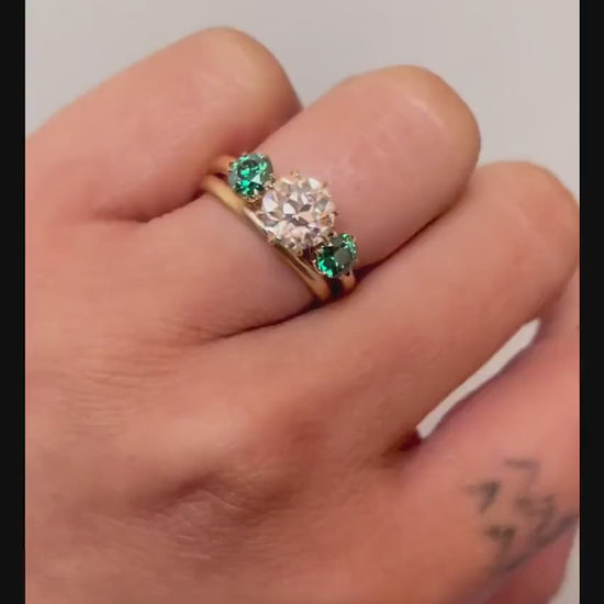 Old European Cut Round Moissanite with side Old European Cut Green Moissanite 3 stone Engagement Ring, Ring for her, ring for women