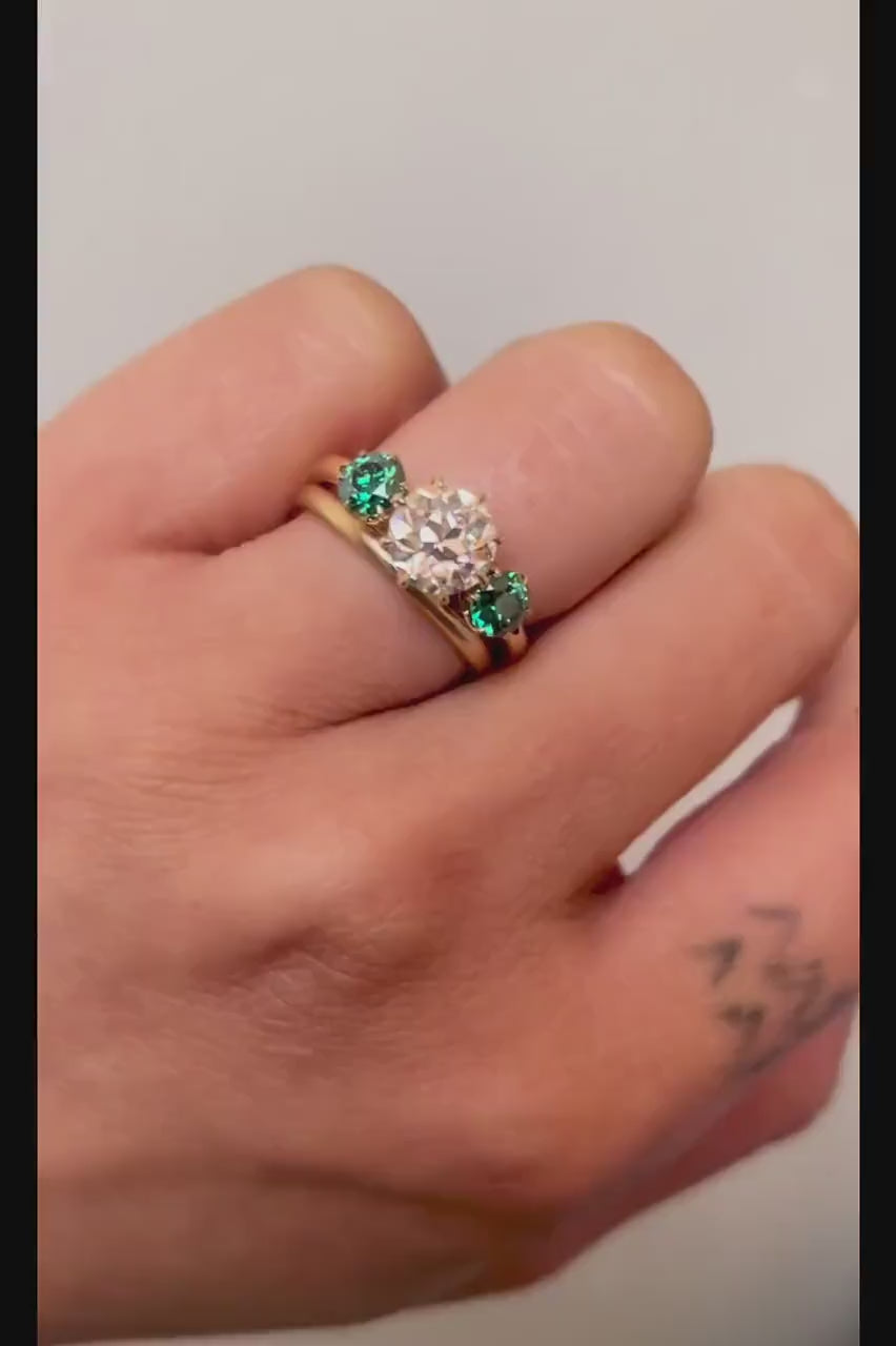 Old European Cut Round Moissanite with side Old European Cut Green Moissanite 3 stone Engagement Ring, Ring for her, ring for women