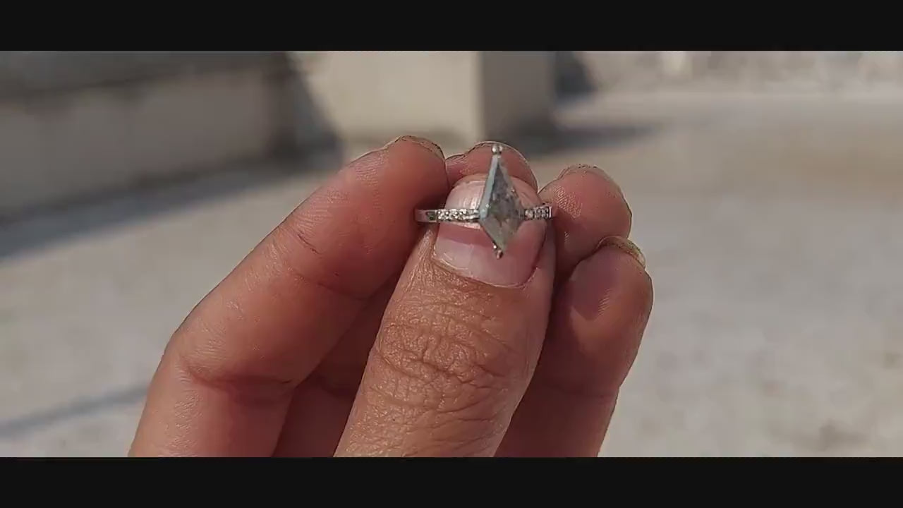 Kite Shield Cut Salt and Pepper with Moissanite side stone Engagement ring, Ring for her, Gift for her, Right hand ring