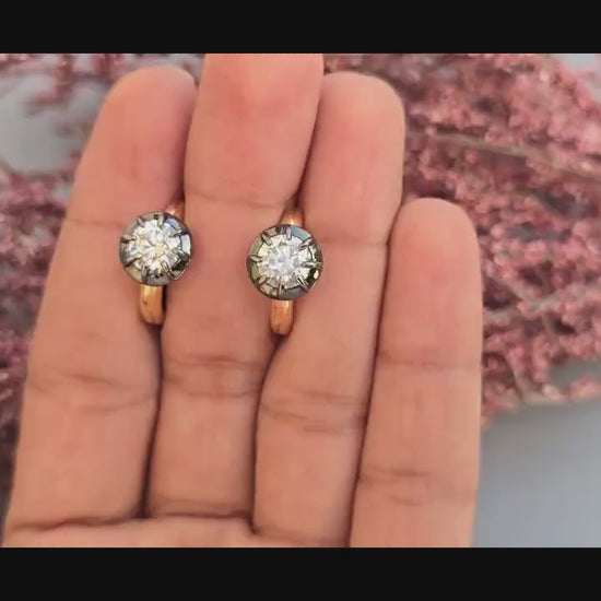 Georgian Victorian Style Lab Grown Diamond Hoops, Georgian cut down Button back blackened gold huggie, Wedding Earring.