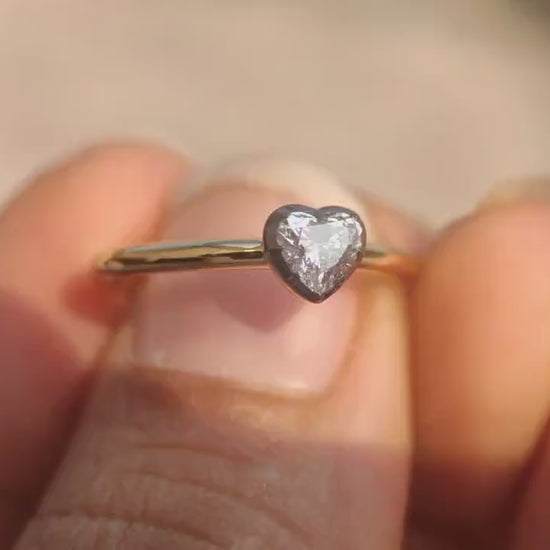 GIA certified Heart Cut Natural diamond Georgian cut down button back solitaire engagement ring, ring for her, women, blackened gold ring.