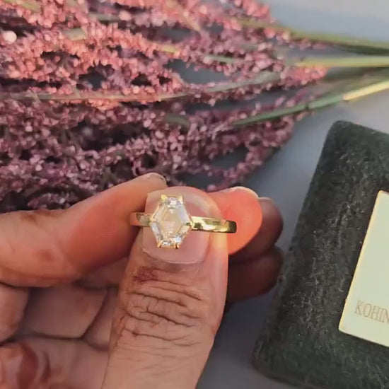 One of a kind Elongated Hexagon shaped Bezel set with Moissanite Solitaire Engagement ring, ring for women, proposal ring