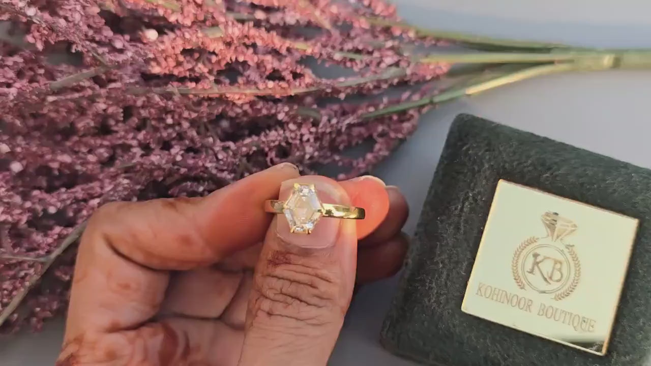 One of a kind Elongated Hexagon shaped Bezel set with Moissanite Solitaire Engagement ring, ring for women, proposal ring