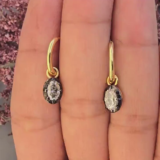 Oval Moissanite button back Georgian cut down Gypset huggie, removable hoops, statement earring, blackened gold earrings.