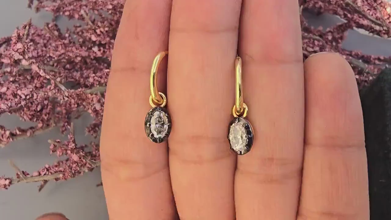 Oval Moissanite button back Georgian cut down Gypset huggie, removable hoops, statement earring, blackened gold earrings.