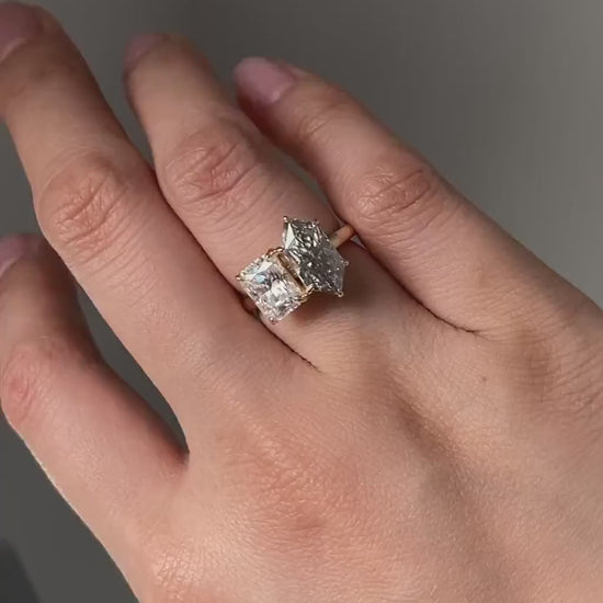 Grey Duchess Marquise and Radiant Cut moissanite Toi Et Moi two stone Engagement ring, in 925S,10k,14k,18k Gold and Platinum.