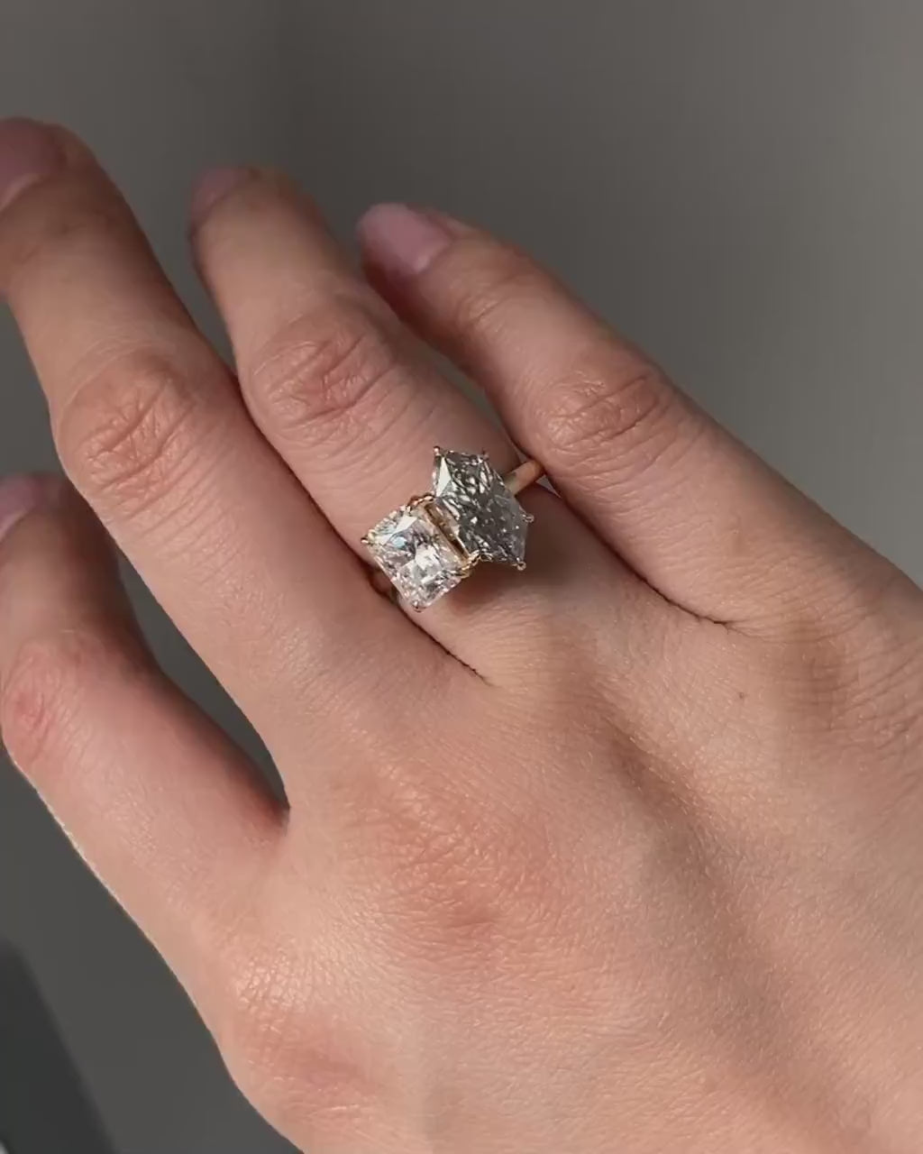 Grey Duchess Marquise and Radiant Cut moissanite Toi Et Moi two stone Engagement ring, in 925S,10k,14k,18k Gold and Platinum.