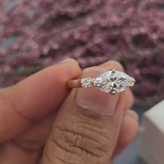 Tulip basket set Marquise moissanite 3 stone ring engagement ring, Ring for her, travel ring, ring for women
