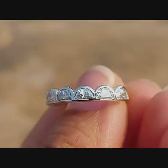 Half Moon Bezel Lace moissanite wedding band,Half eternity ring, Full eternity ring, stackable minimalist ring in White\Yellow\Rose Gold