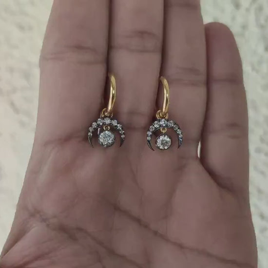 Half moon Moissanite button back Georgian cut down Huggie,2 in 1  statement earring, blackened gold earrings.