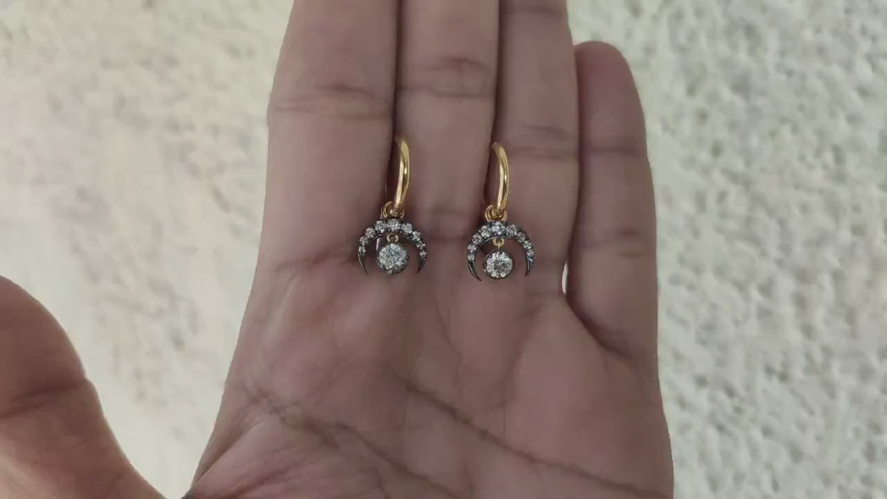 Half moon Moissanite button back Georgian cut down Huggie,2 in 1  statement earring, blackened gold earrings.