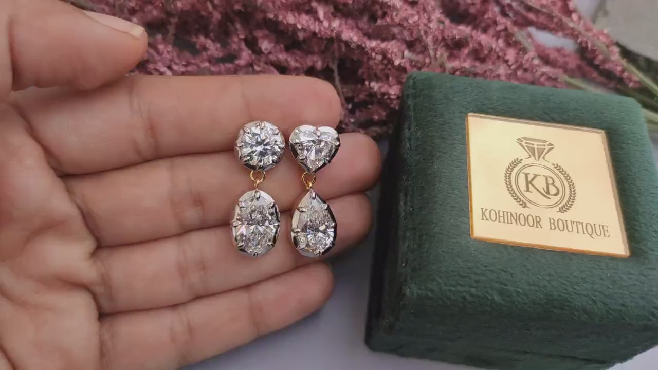 Georgian cut down multi shape moissanite earrings, statement earring, 2 toned earrings, dangled earrings for women