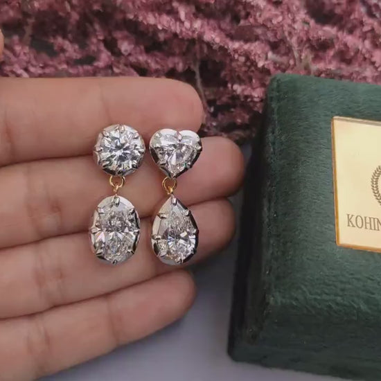 Georgian cut down multi shape lab grown diamond earrings, statement earring, 2 toned earrings, dangled earrings for women