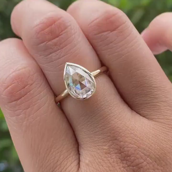 Bezel Set Rose Cut Pear Moissanite Solitaire Engagement ring, Low profile set ring, Gift Ring for her, Vintage cut ring, tear drop ring.