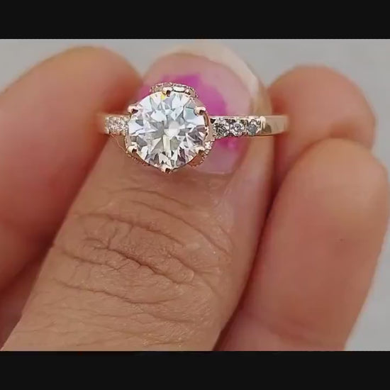 Tulip Pave basket Round  with French Pave Band Moissanite Solitaire Engagement Ring, Lotus Prong with flower basket Promise\proposal Ring.