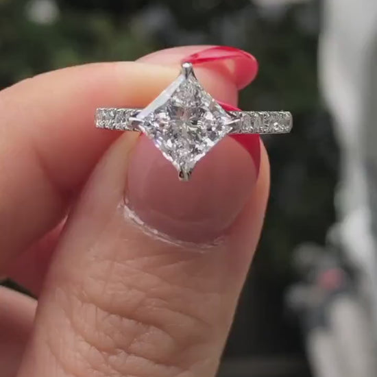 Vintage Compass pong Kite set Princess Cut moissanite with tulip basket and side pave solitaire Engagement ring, vintage-inspired setting.