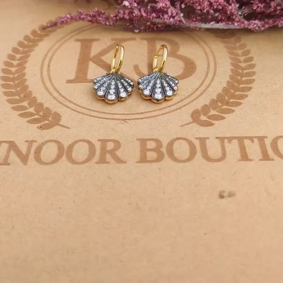 Lab grown diamond Shell shaped Georgian cut down button back set earrings, Huggie for women, earrings for women