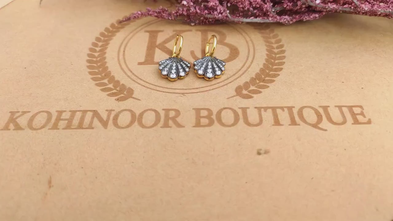 Lab grown diamond Shell shaped Georgian cut down button back set earrings, Huggie for women, earrings for women