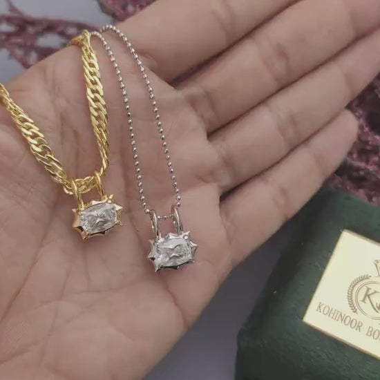 East west Set Elongated Cushion Cut Moissanite Pendant, Collet set Georgian cut down set button back pendant without chain, Wedding Pendant